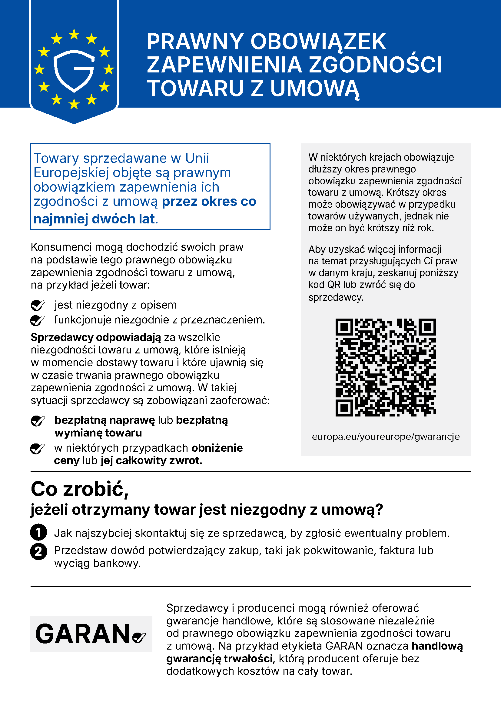 Informacja UE o ustawowej gwarancji zgodności